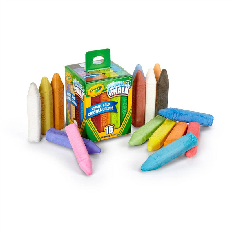 Crayola Washable Sidewalk Chalk set with 16 vibrant colors displayed around the box featuring a handle.