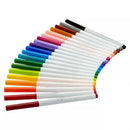 Crayola Washable Super Tips Markers in a rainbow arrangement, featuring 20 vibrant colors in white barrels.