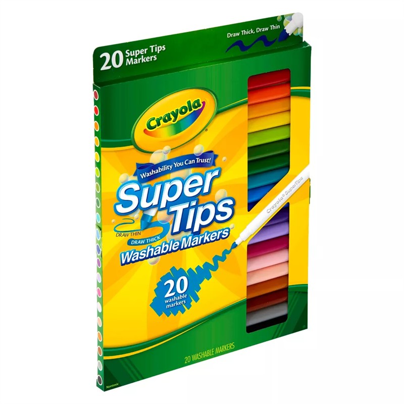 Crayola Washable Super Tips Markers package, containing 20 markers for thick and thin drawing, in vibrant colors.