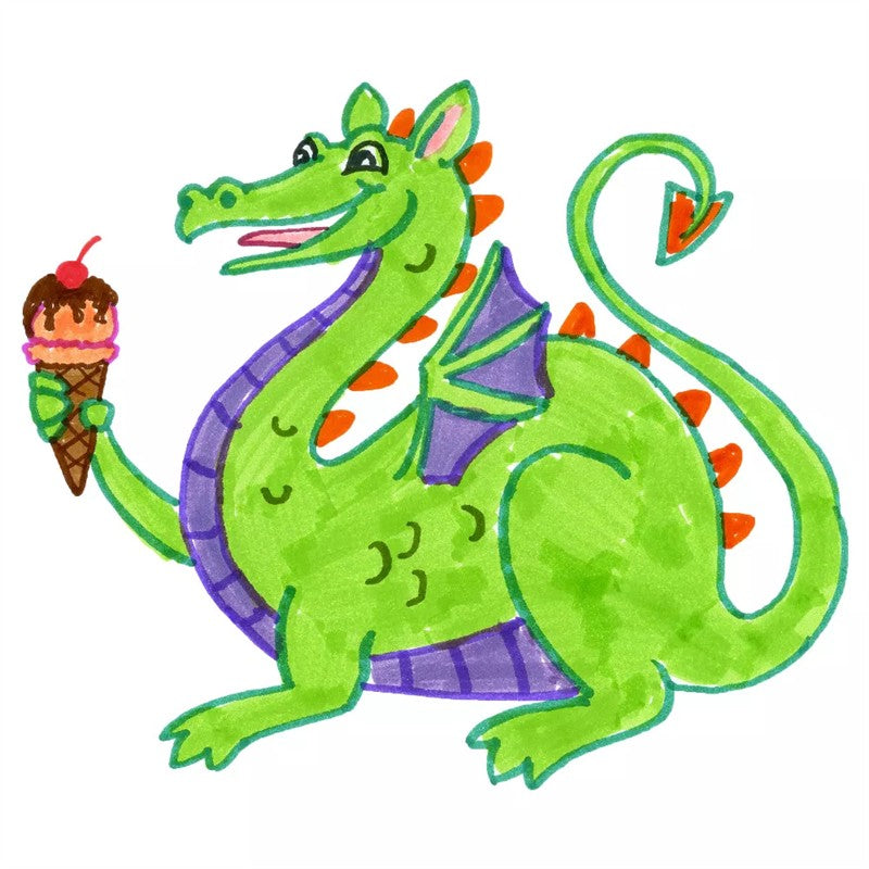 A green dragon holding an ice cream cone with a cherry on top, featuring purple wings and orange spines.