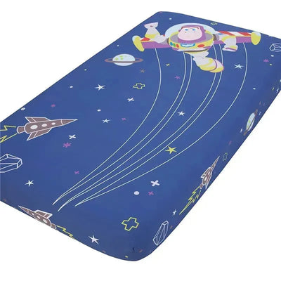 Crown Crafts Disney Buzz Lightyear crib fitted sheet featuring a blue space theme with Buzz Lightyear and rocket illustrations.