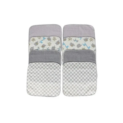 Eight rolled washcloths designed for babies, featuring various elephant and animal patterns in soft, neutral colors.