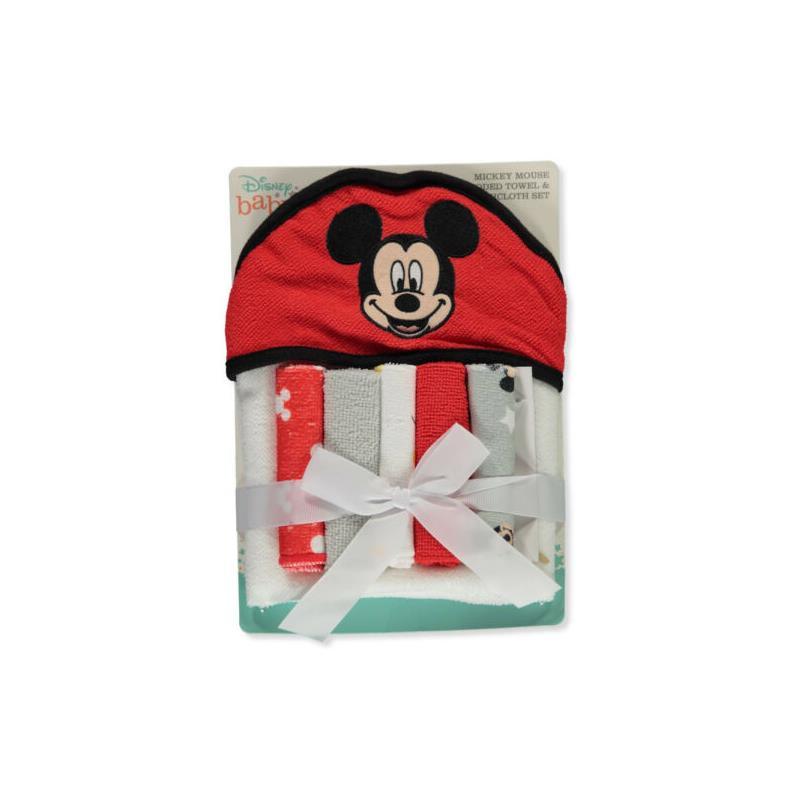 Cudlie - Disney Baby Mickey Mouse Hooded Towel & 5Pk Washcloth Set, Red Image 1