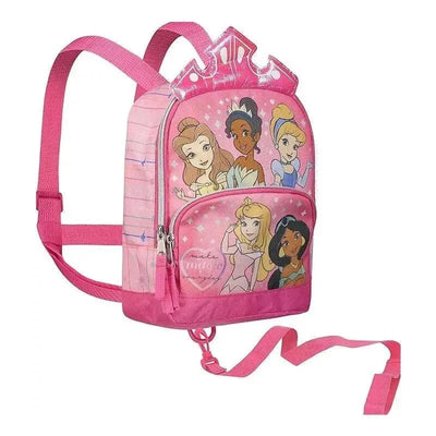 Pink harness backpack featuring Disney Princesses with a crown design, including characters from various films.