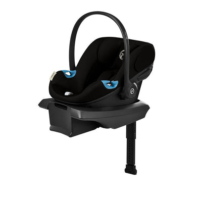 Cybex Aton G2 infant car seat in Moon Black with a load leg base, featuring a protective handle and blue accent details.