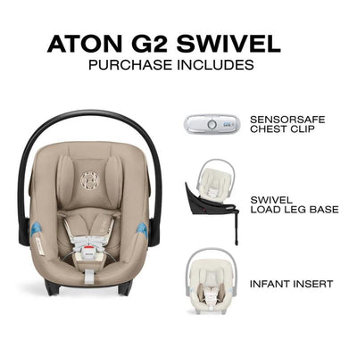 Cybex Aton G2 Swivel Infant Car Seat in Almond Beige, featuring a swivel load leg base, SensorSafe chest clip, and infant insert.