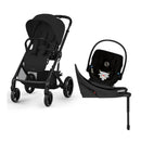 Cybex Balios S Lux stroller in Moon Black with Aton G2 infant car seat beside it on a white background.