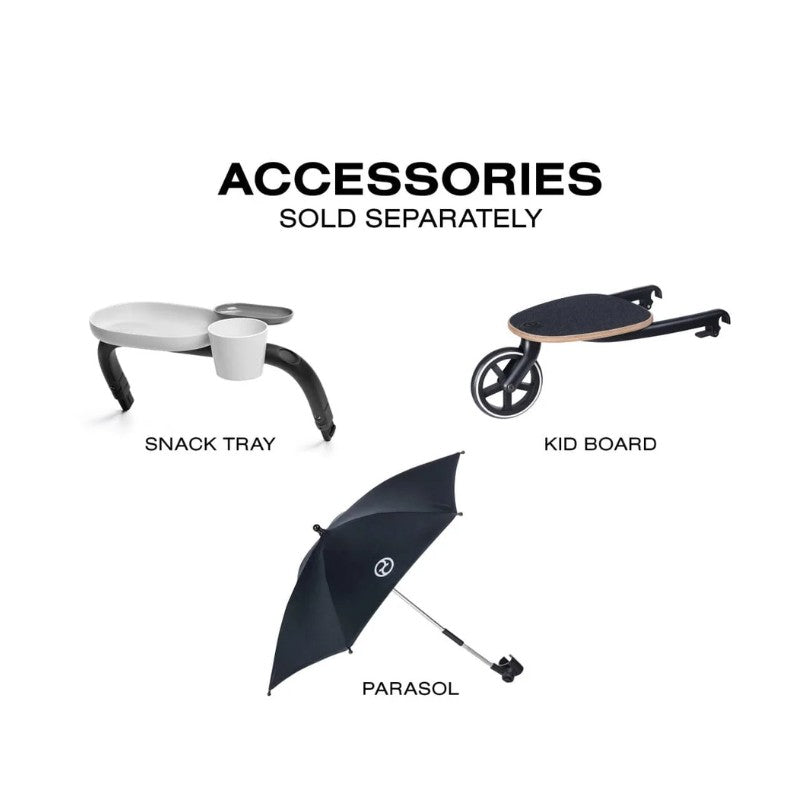Accessories for the Cybex Balios S Lux travel system: snack tray, kid board, and parasol, all sold separately.