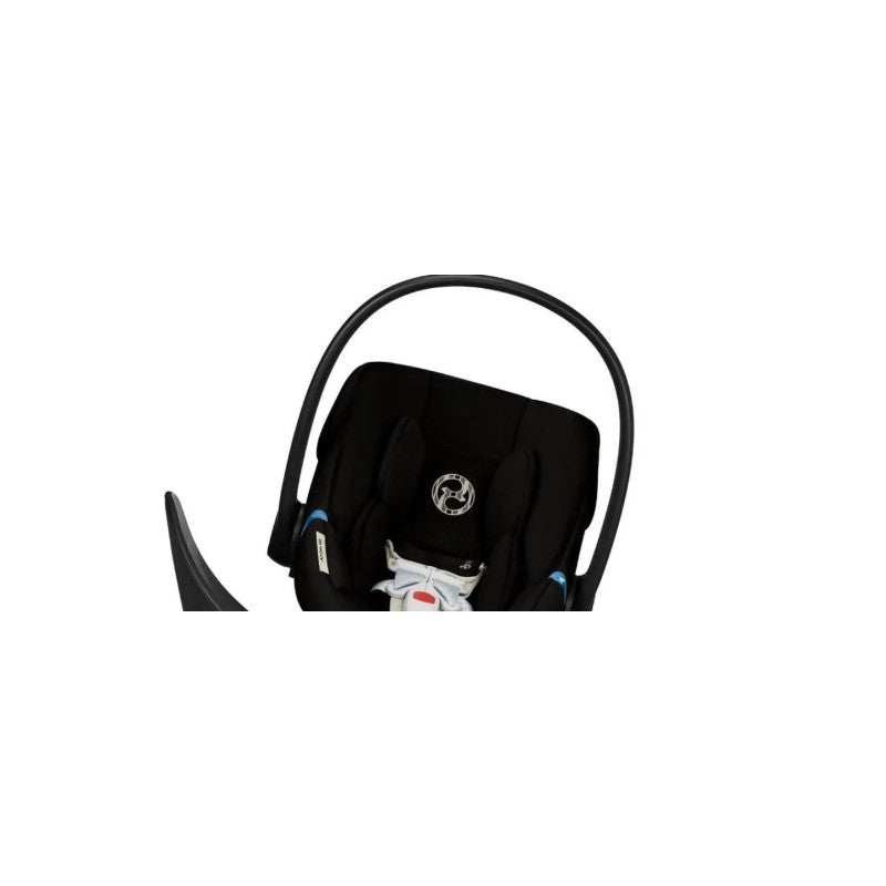 Cybex Aton G2 baby car seat in moon black, featuring a soft padded interior and carrying handle.