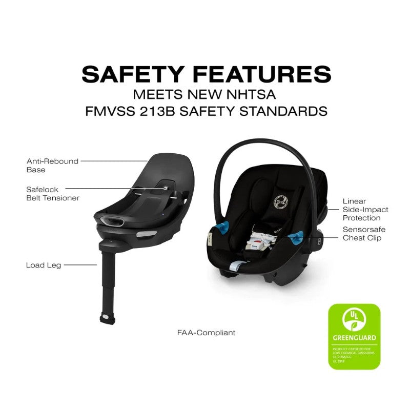 Cybex Balios S Lux travel system features safety elements including an anti-rebound base, load leg, and sensorsafe chest clip.