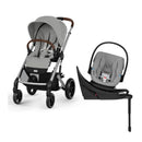 Cybex Balios S Lux stroller and Aton G2 infant car seat in stone grey, showcasing their sleek design and functionality.