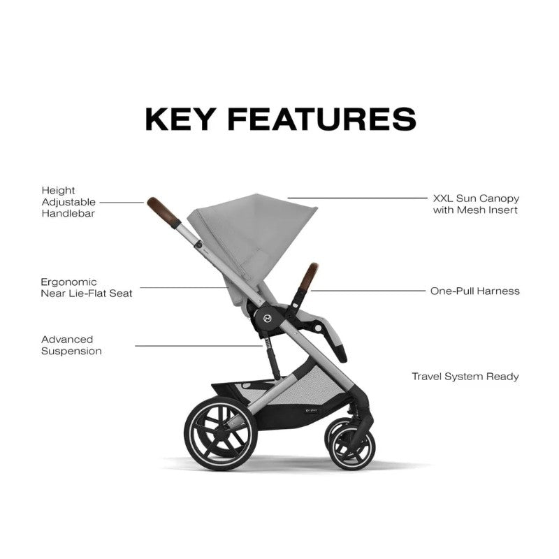 Cybex Balios S Lux travel system in Stone Grey, featuring adjustable handlebar, XXL sun canopy, ergonomic seat, and advanced suspension.