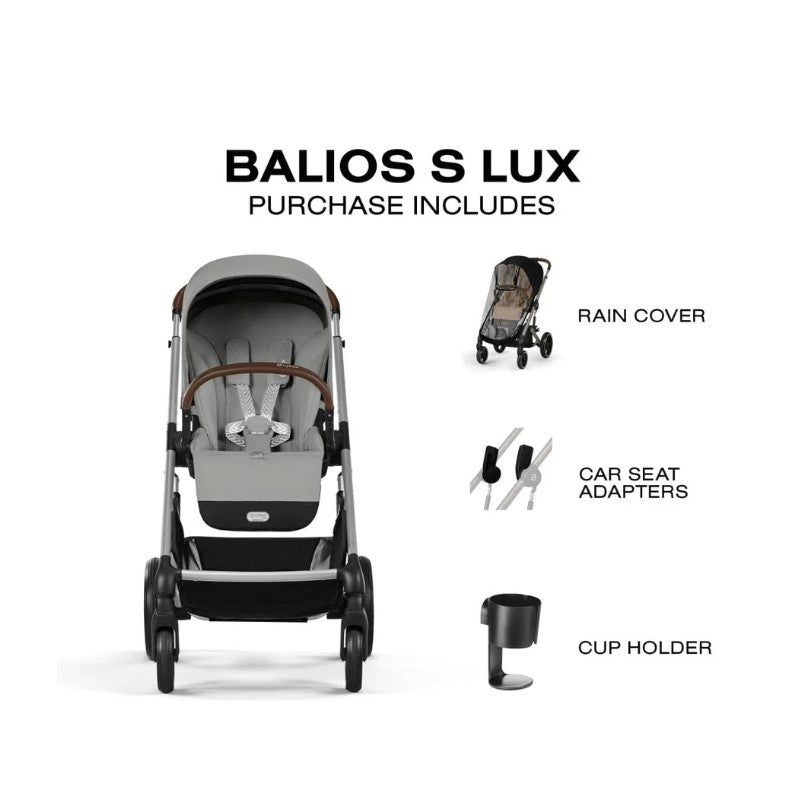 Cybex Balios S Lux travel system in Stone Grey, featuring a stroller, rain cover, car seat adapters, and cup holder.