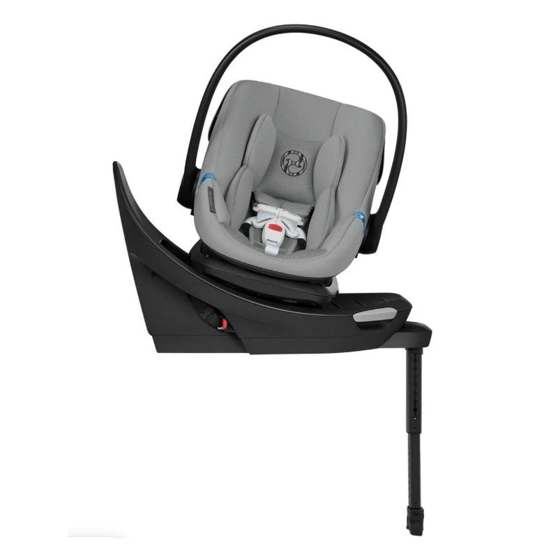 Cybex Balios S Lux Aton G2 car seat in stone grey, featuring a grey cushioned seat, adjustable handle, and base with support leg.