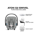 Cybex Aton G2 Swivel car seat in stone grey, featuring a SensorSafe chest clip, swivel load leg base, and an infant insert.