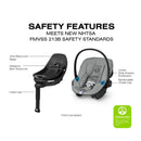 Safety features of the Cybex Aton G2 infant car seat, highlighting the anti-rebound base, belt tensioner, load leg, and side-impact protection.