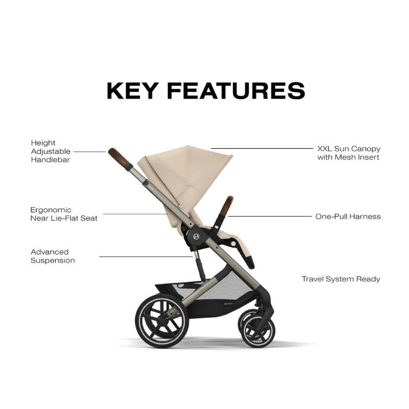 Cybex Balios S Lux stroller in Almond Beige with features like adjustable handlebar, ergonomic seat, and advanced suspension.