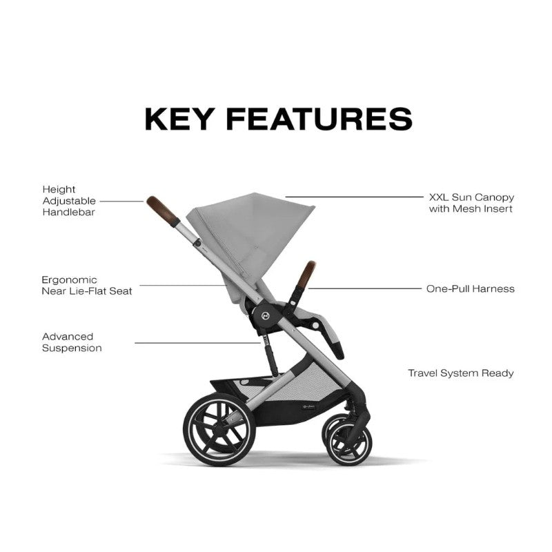 Cybex Balios S Lux stroller in Stone Grey featuring key specs: height adjustable handlebar, XXL sun canopy, ergonomic near lie-flat seat, one-pull harness, and advanced suspension.