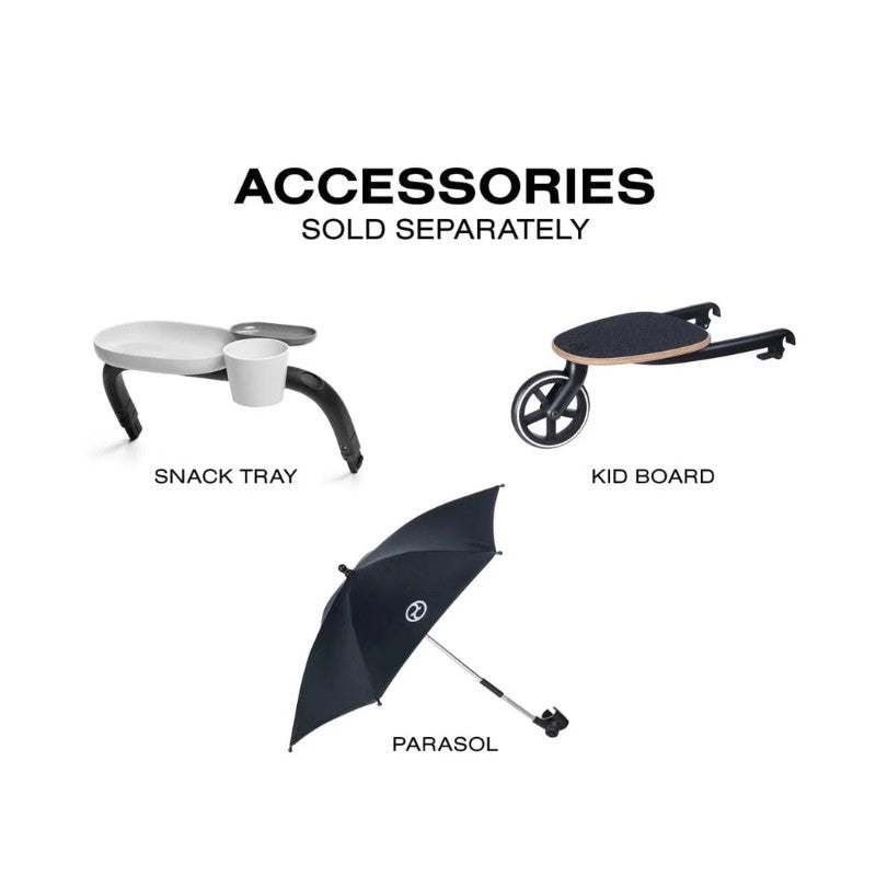 Accessories for the Cybex Balios S Lux + Cloud G Pro Travel System: Snack Tray, Kid Board, and Parasol, sold separately.