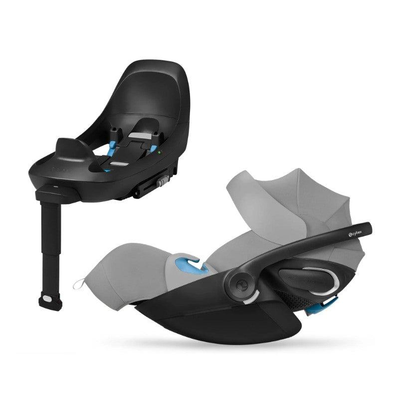 Cybex Balios S Lux + Cloud G Pro Travel System in Stone Grey, featuring a car seat and base with safety features.