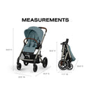 Cybex Balios S Lux stroller in Stormy Blue, with measurements shown for height and dimensions.