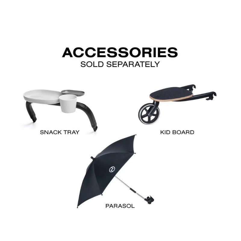 Accessories for Cybex Balios S Lux + Cloud G Pro Travel System, including a snack tray, kid board, and parasol, with text indicating they are sold separately.