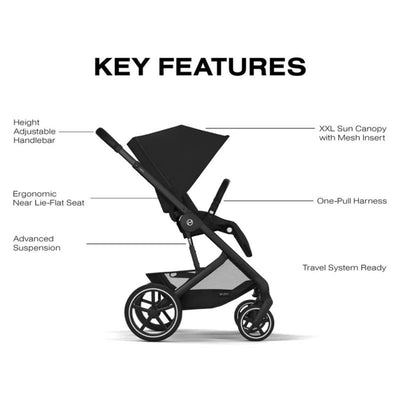 Cybex Balios S Lux Stroller in Moon Black highlighting key features: adjustable handlebar, ergonomic seat, large sun canopy, and advanced suspension.