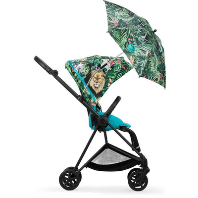 Cybex By Dj Khaled We The Best Parasol featuring a vibrant pattern with a lion and tropical design on the canopy.