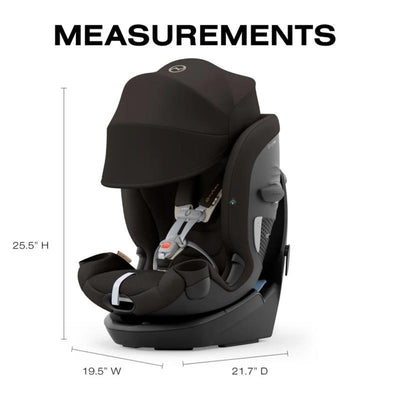 Cybex Callisto G 360 Rotating All-In-One Convertible Car Seat in chocolate brown, featuring measurements 25.5” H, 19.5” W, and 21.7” D.