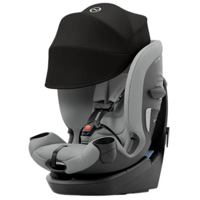 Cybex Callisto G 360 Select Rotating All-In-One Convertible Car Seat in grey with a black canopy, featuring adjustable harness and cup holders.