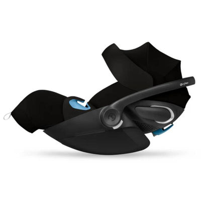 Cybex Cloud G Pro Comfort Extend Infant Car Seat in Moon Black, showcasing a sleek design with an adjustable canopy and side protection.