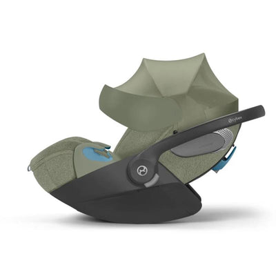 Cybex Cloud T Comfort Extend Infant Car Seat in sage green with a sunshade and sensorsafe technology.