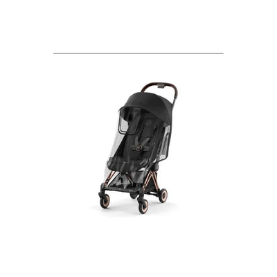 Transparent rain cover for Cybex Coya stroller, featuring a black canopy and a lightweight frame.