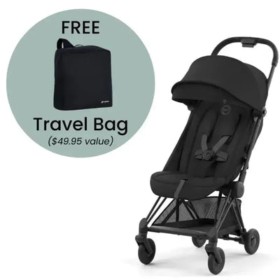 Cybex Coya stroller in matte black frame with sepia black fabric, featuring a free travel bag offer.