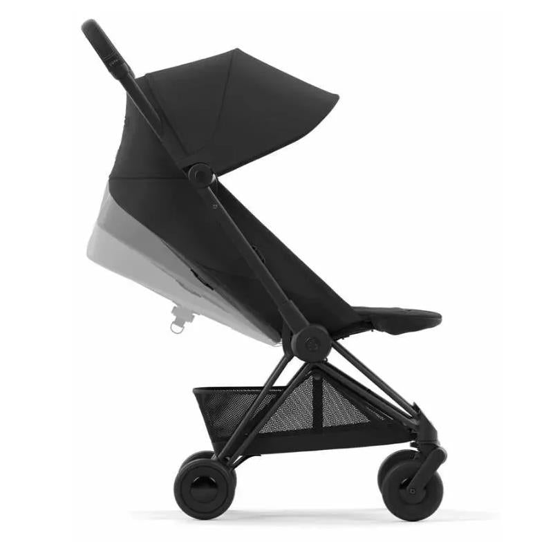 Cybex Coya stroller featuring a matte black frame and sepia black fabric, shown in a side view with a reclined seat and canopy.