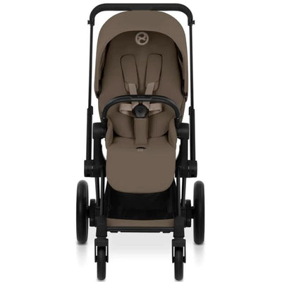 Cybex E-Priam stroller featuring a matte black frame and a coconut brown lux seat, designed for infants.