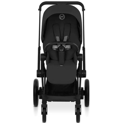 Cybex E-Priam Stroller in matte black frame with sepia black lux seat, showcasing a modern design and comfortable seating.