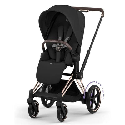 Cybex E-Priam stroller featuring a rose gold frame and sepia black lux seat, showcasing adjustable canopy and storage basket.