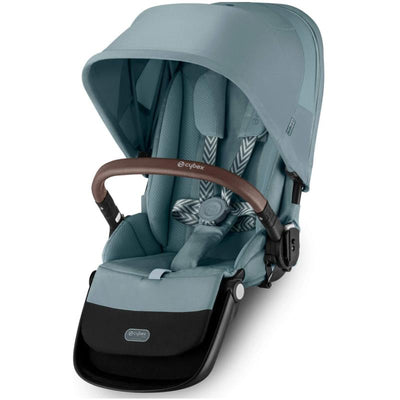 Cybex Egazelle/Gazelle S 2 Second Seat in Stormy Blue with a large canopy and brown safety bar.