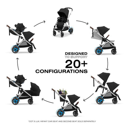 Cybex Egazelle S Electronic Assist Stroller showcases various configurations with a silver frame and moon black seat, highlighting versatility.