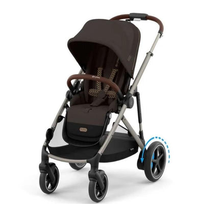 Cybex EGazelle S electronic assist stroller featuring a taupe frame and chocolate brown seat with safety harness and adjustable canopy.