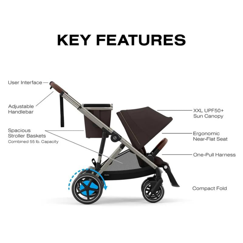 Cybex EGazelle S electronic assist stroller with taupe frame, chocolate brown seat, and labeled key features for functionality.