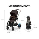 Cybex EGazelle S electronic assist stroller in taupe frame with chocolate brown seat, displaying measurements and folding dimensions.