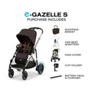 Cybex e-Gazelle S stroller in taupe with chocolate brown seat, featuring included shopping basket, car seat adapters, rain cover, cup holder, and battery pack.
