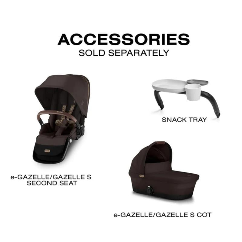 Cybex e-Gazelle S stroller accessories including second seat, cot, and snack tray, all in chocolate brown with taupe accents.