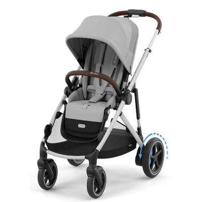 Cybex Egazelle S stroller with a silver frame, stone grey seat, and brown handle. Features adjustable wheels and spacious storage.