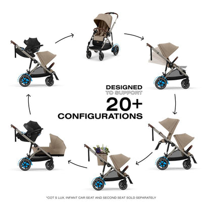 Cybex Egazelle S Single-to-Double Stroller in taupe features multiple configurations and an almond beige seat.