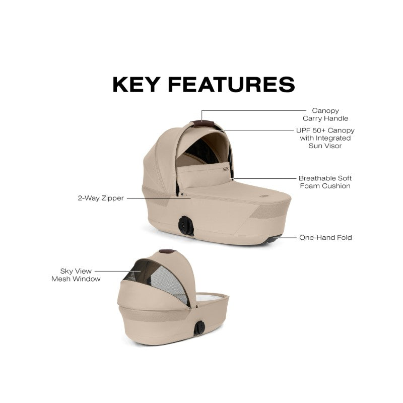 Cybex Gazelle S Cot in Almond Beige with features: 2-way zipper, UPF 50+ canopy, breathable cushion, and a mesh window.