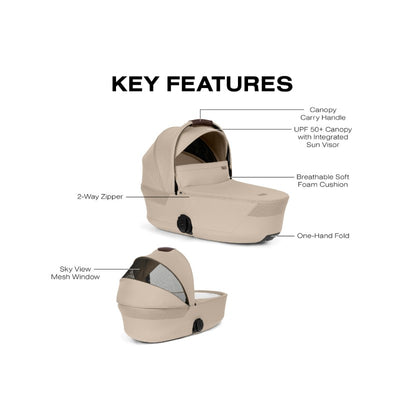 Cybex Gazelle S Cot in Almond Beige with features: 2-way zipper, UPF 50+ canopy, breathable cushion, and a mesh window.