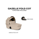 Cybex Gazelle S Cot in Almond Beige with included rain cover, showcasing a foldable design for convenience.